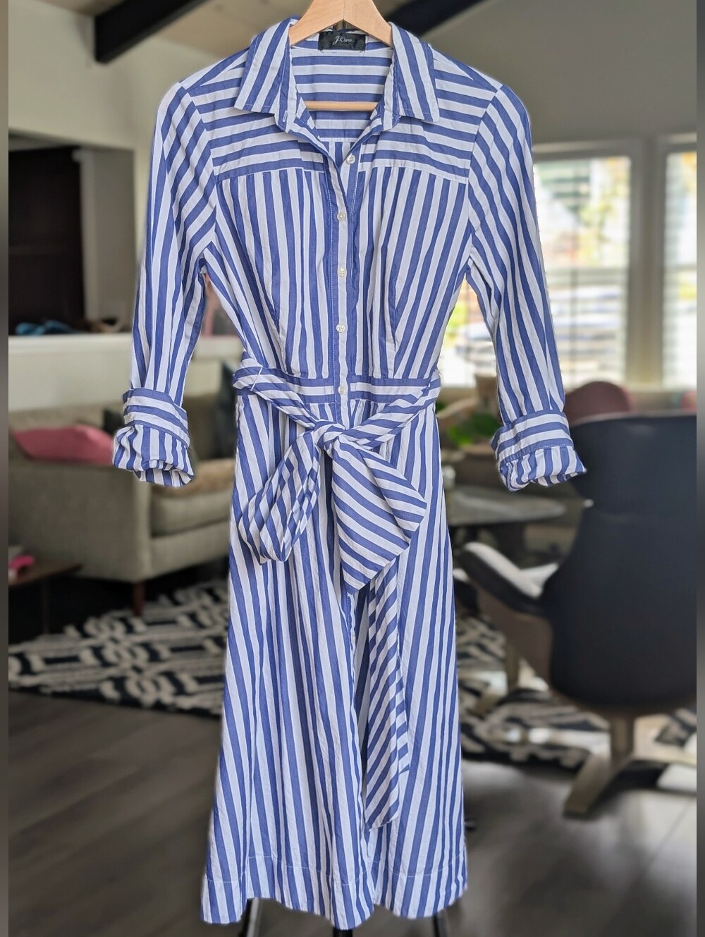 J. Crew Cotton Blue & White Striped Button-Front Shirt Dress Size 8 - Classic!